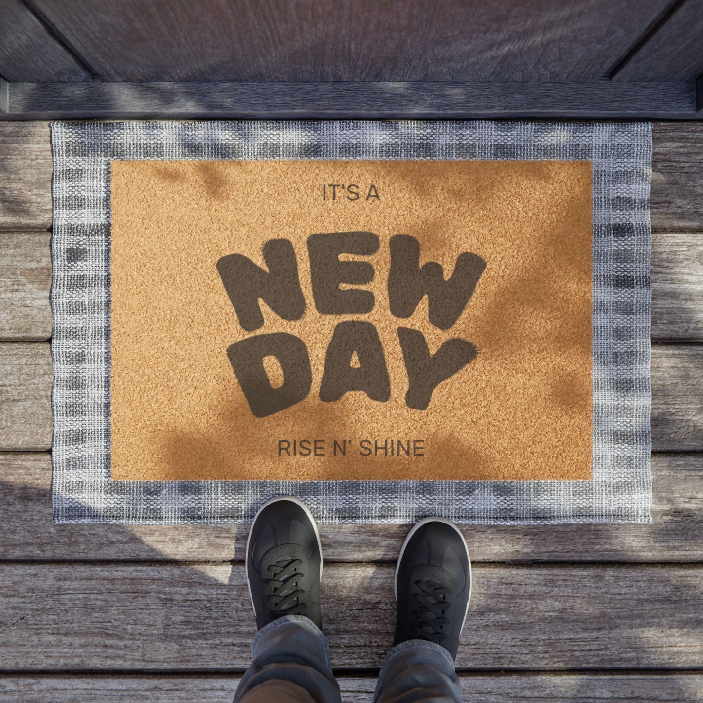 Cheerful Welcome Doormat - 'It's a New Day, Rise n' Shine' - Home Decor, Gift for New Home, Housewarming, Personalized Entrance Mat