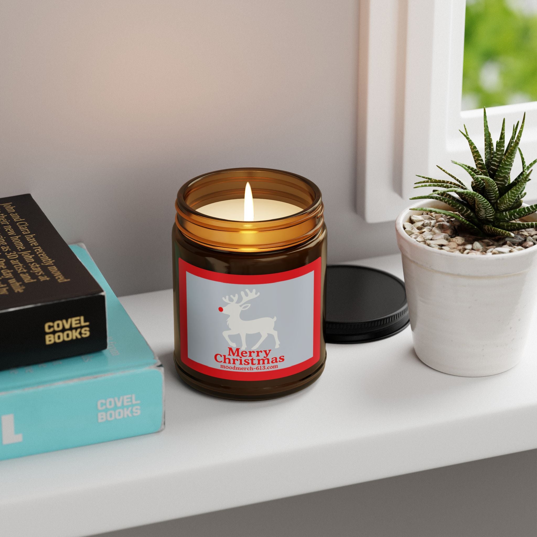 Christmas Scented Soy Candle, Holiday Home Decor, Eco-Friendly Gift, Merry Christmas Candle, Amber Jar Candle, Reindeer Design