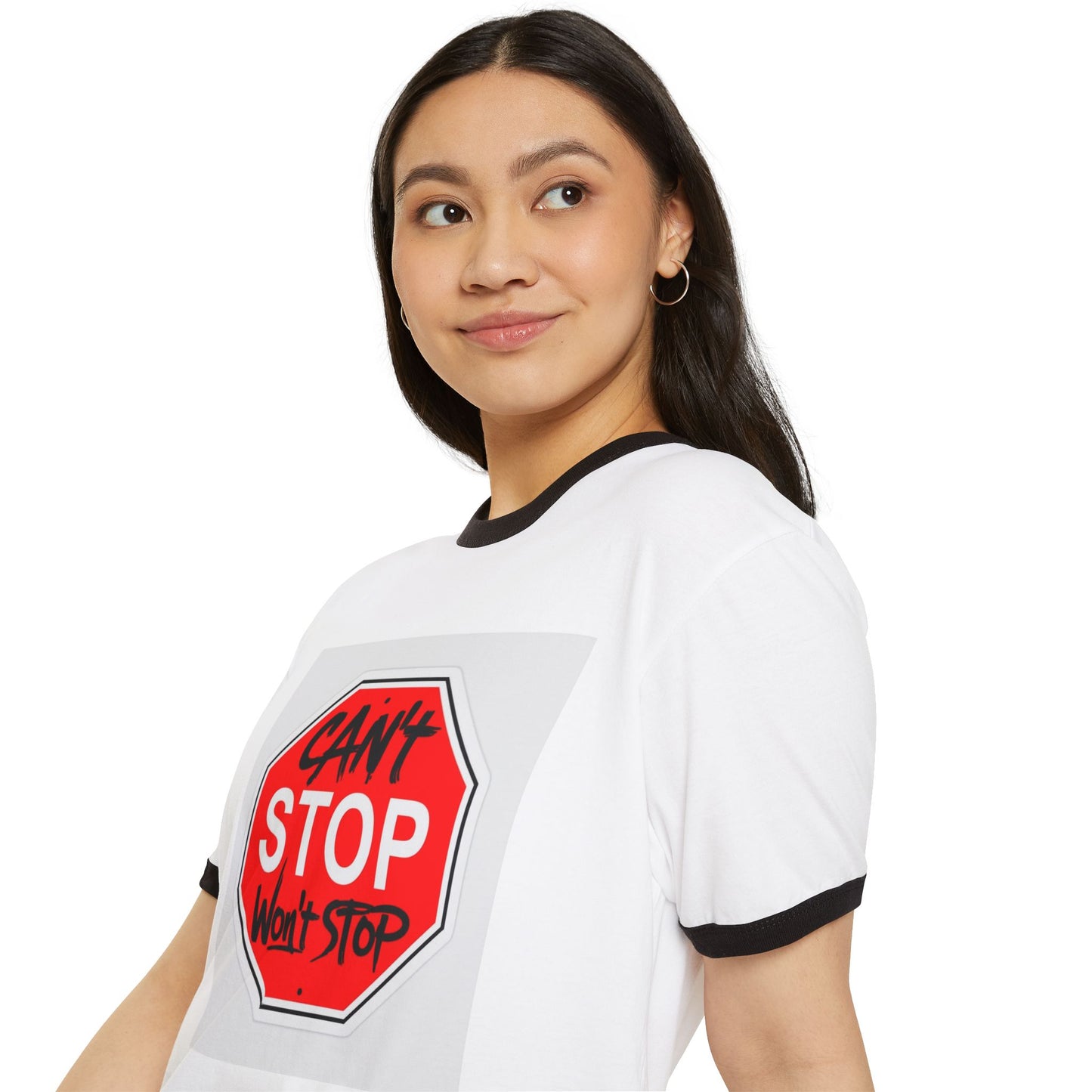 Can't Stop Won't Stop Cotton Ringer T-Shirt: Motivational Tee for Everyday Wear, Gift for Friends, Statement Shirt, Casual Style.